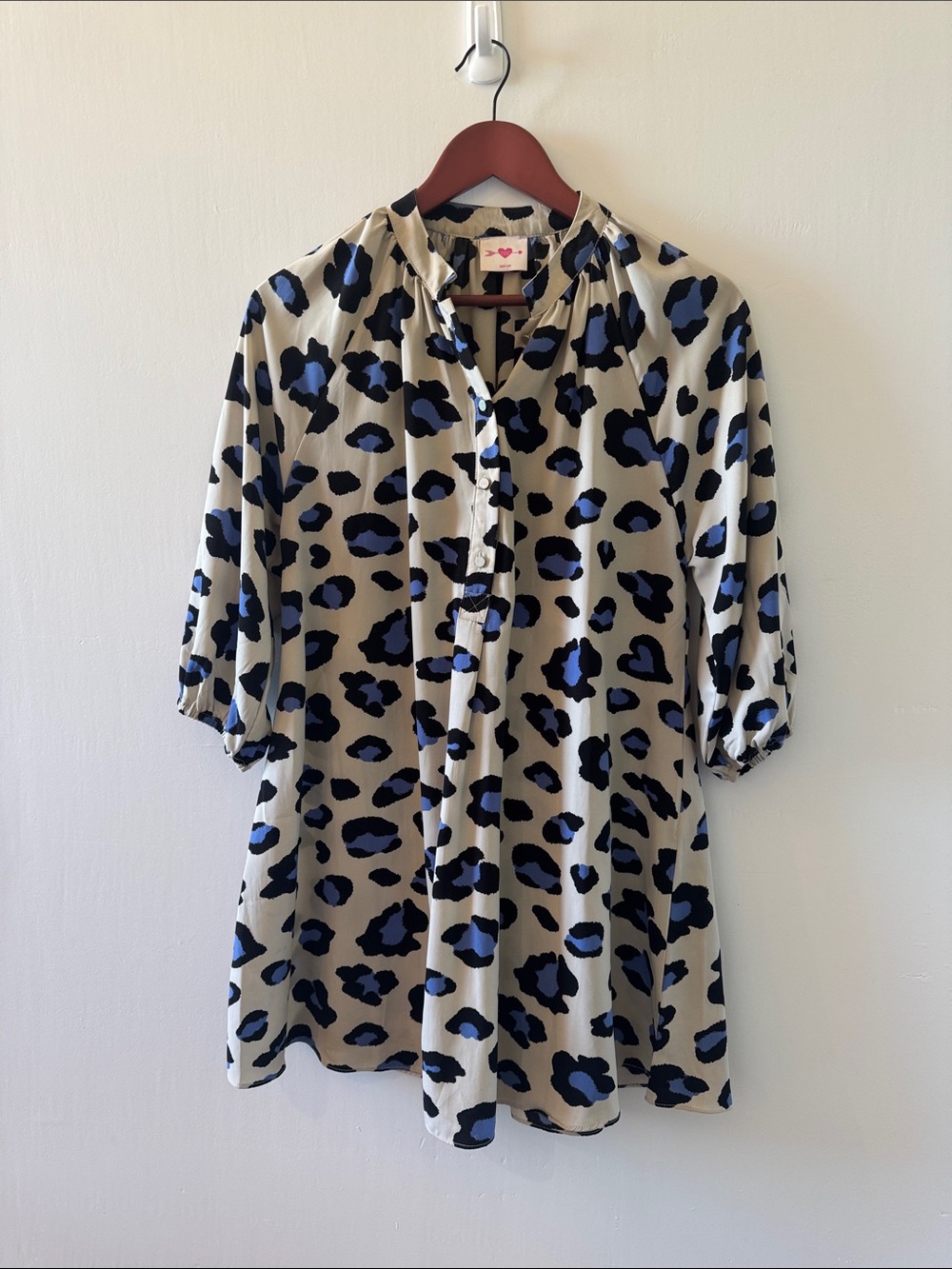 Buddy Love Cream Dress with Blue and Black Leopard Print, Size Medium